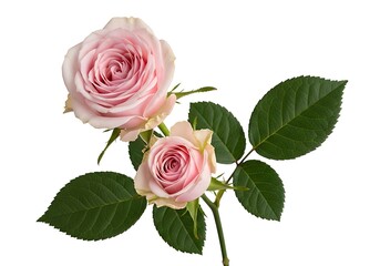 Two delicate light pink roses with green leaves on a stem, isolated on a white background