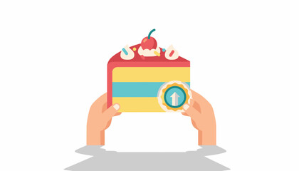 Hands Holding Premium Reward Cake Slice with Upgrade Arrow Icon, Illustrating Quality Success and High Ranking