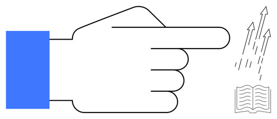 Hand extending to an open book with arrows rising upward, symbolizing learning, progress, and achievement. Ideal for education, guidance, growth, inspiration, knowledge motivation simple flat