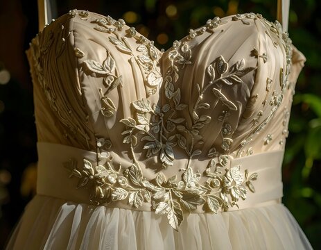 Close-up of an elegant ivory-colored bridal gown bodice, intricately embellished with floral embroidery and delicate beading