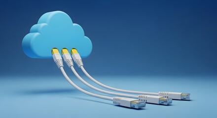 Cloud computing concept with ethernet cables connecting to a blue cloud icon on a blue background, representing data transfer and network connectivity.
