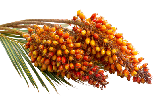 Close up of a cluster of bright orange date palm fruits on a green frond isolated on transparent background