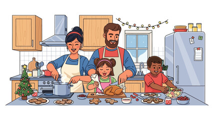 Family Christmas Celebration in the Kitchen Preparing a Festive Meal Together