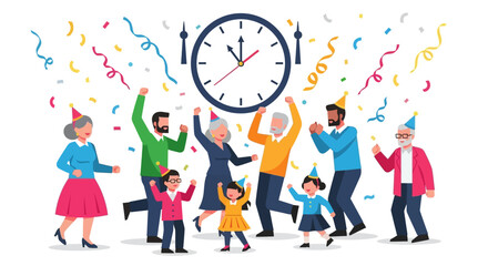 A happy multi-generational family celebrating the New Year's Eve countdown with a clock at midnight