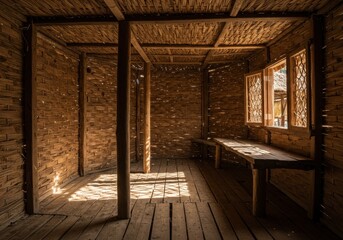 Obraz premium Cozy interior of a rustic, handmade beach hut, showcasing woven walls, natural textures, and filtered sunlight ,structure ,light ,seaside