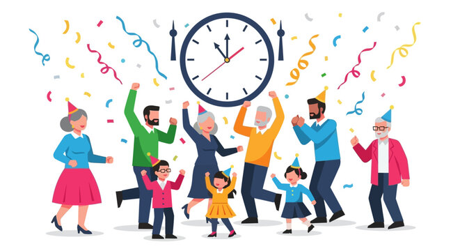 A happy multi-generational family celebrating the New Year's Eve countdown with a clock at midnight - Powered by Adobe