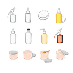 Set of cosmetic products packaging bottles jars illustration