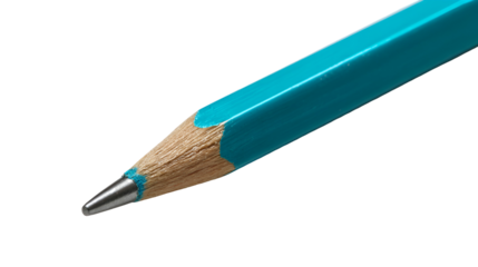 Close up of a sharp teal colored pencil tip on a black background isolated on transparent background