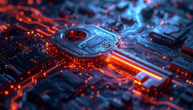 Key intertwined with intricate circuit patterns, glows with red-orange light, representing security and digital access