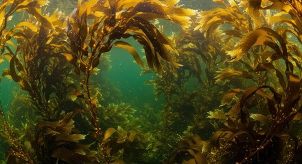 Lush green and brown kelp forests gently sway in the clear ocean current, highlighting the biodiversity of the shallow coastal waters, vibrant, growth, flora