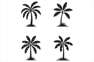 Simple black silhouettes of four tropical palm trees on a white background