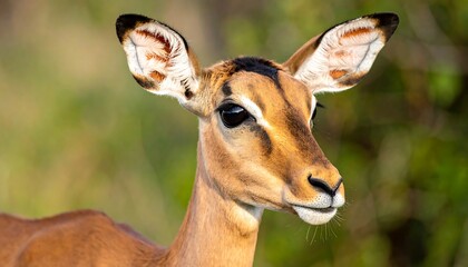 Close-up of an impala, showcasing its large eyes, delicate ears, and tan fur against a blurred green backdrop. Gentle sunlight highlights features