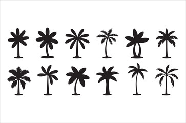 A collection of black silhouette palm trees in various shapes and sizes
