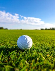 Obraz premium A white golf ball sits on vibrant green grass with a bright blue sky backdrop