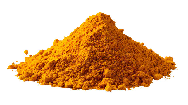 A small pile of bright orange turmeric powder isolated on transparent background