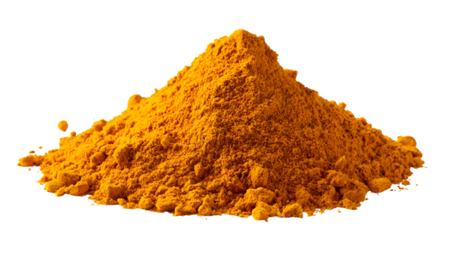 A small pile of bright orange turmeric powder isolated on transparent background