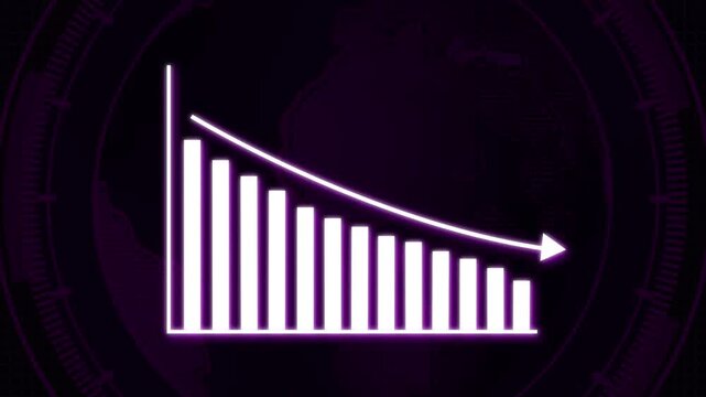 Neon Purple Downward Trend Bar Chart with Arrow and Globe Background graph decline. Dynamic purple bar chart with descending arrow over globe background highlighting negative data trends.