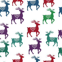 Seamless pattern of colorful stylized reindeer with decorative saddles on a white background, festive design.