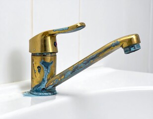 Close-up of an old, tarnished faucet with evident corrosion, set against a backdrop of white tiles and a porcelain sink