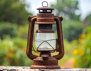 Close-up of an old, weathered oil lantern with a glass globe, set against a blurred green and yellow background