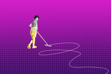 2d full photo image trendy pop collage of happy housemaid girl wipe floor dirt house cleaning mop disinfection detergent