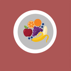 Colorful illustration of a bowl of fruit including banana, grapes, apple, blueberries, and orange slices on a gray plate with white rim.