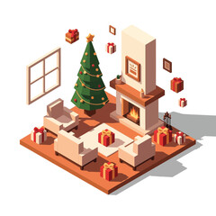 An isometric low-poly illustration of a cozy living room decorated for Christmas, featuring a festive tree, a warm fireplace, comfortable furniture, and numerous gift boxes.
