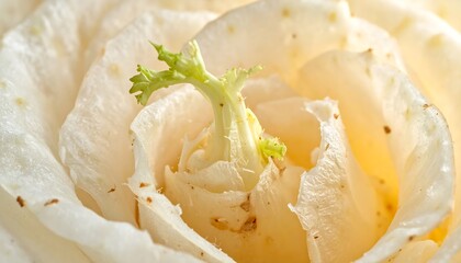 Macro shot of a tightly formed, light-colored vegetable, showcasing the delicate textures and vibrant green center of its emerging new growth
