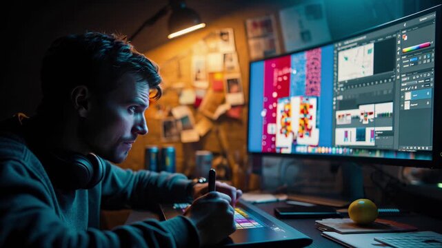  Game designer focused at studio workstation, sketching with stylus on pen display while refining assets on an ultrawide monitor, UI screens, level layouts and concept art, moody ambience