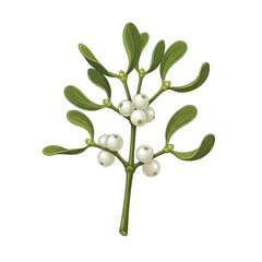 Illustration of a sprig of mistletoe with green leaves and white berries.