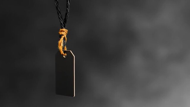 Blank rectangular tag hanging from braided string with knot against dark gray background
