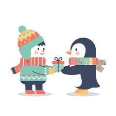 A cute cartoon child in winter clothes gives a wrapped present to a friendly penguin wearing a scarf.
