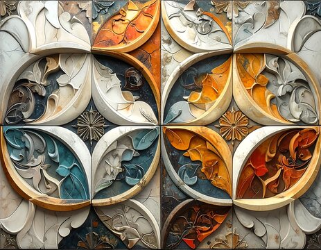 Intricate mosaic pattern of stylized leaf and floral forms within segmented circular frames, featuring a rich palette and textural details