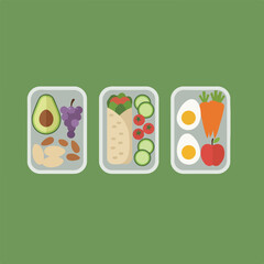 Three lunch boxes are shown filled with an avocado, grapes, almonds, a wrap, cucumbers, tomatoes, eggs, carrots and an apple on a green background.
