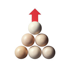 Six wooden balls arranged in a triangular formation on transparent background