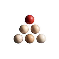 Six wooden balls arranged in a triangular pattern on transparent background