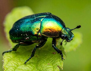 Macro shot of a vibrant metallic green beetle resting on a textured green leaf with a blurred background. Detailed view of its shell