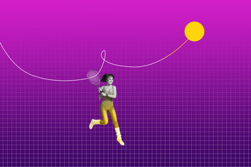 Sketch image sketch 3d collage poster of happy sportswoman run tennis ball hold racket tournament game winner coach activity