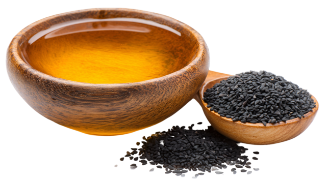 A rustic wooden bowl filled with golden oil next to a scoop of black cumin seeds isolated on transparent background