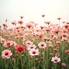 Fototapeta premium Pink Flower Field with Blooming Marguerite Flowers in Soft Light