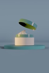 Minimalist 3D render of an open cosmetic cream jar with a floating lid on a podium against a blue background.