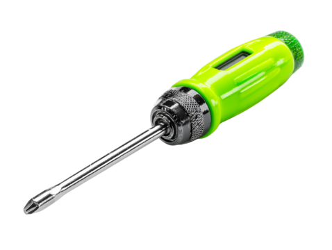 Bright green multi bit ratcheting screwdriver tool with chrome shaft isolated on transparent background - Powered by Adobe
