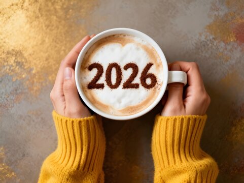 Happy New Year 2026 theme number 2026 on frothy surface of cappuccino served in white coffee mug holding by woman in yellow knitted sweater over rustic blue background. Holidays food art.
