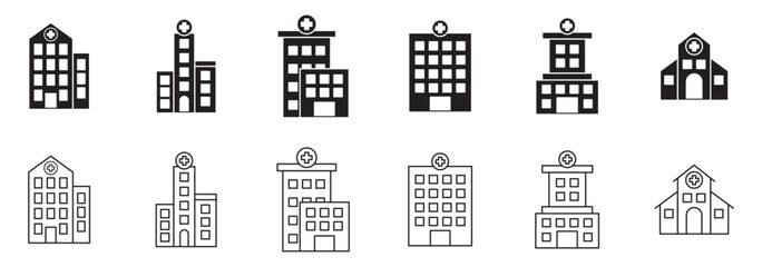 hospital building vector filled and outlined icons collection set