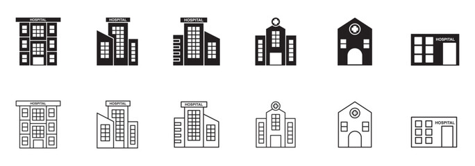 hospital building vector filled and outlined icons collection set
