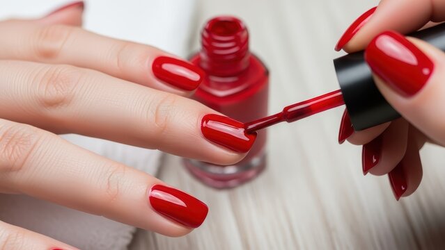 Applying classic red nail polish