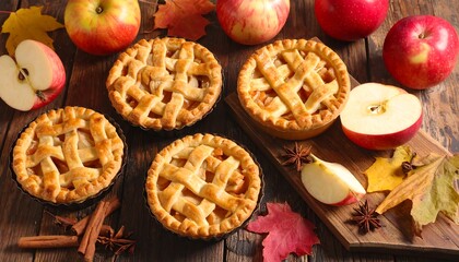 Delicious Mini Apple Pies with Autumnal Accents on Wooden Surface.