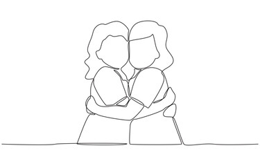 Continuous one line drawing of two girls hugging each other, symbolizing love, comfort, empathy, and emotional connection, single line art.