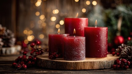 Burning red candles on wooden surface with seasonal decorations