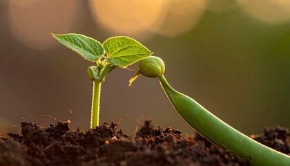 Macro shot of a young bean plant emerging from the soil. Shows green bean and new leaves, warm light